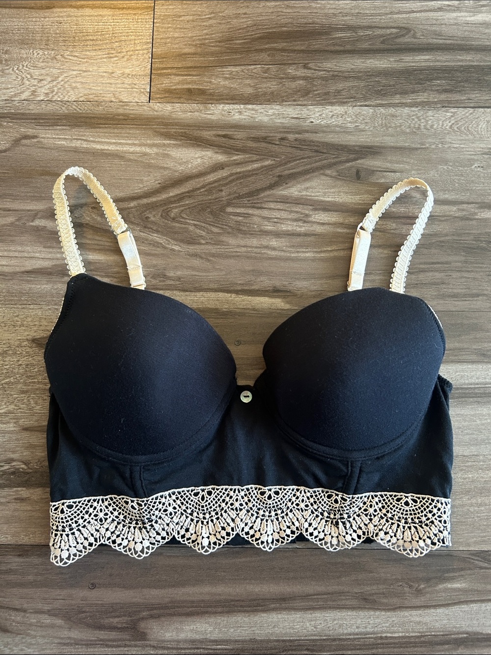 Ella Moss Black Longline Bra with Cream Lace Trim